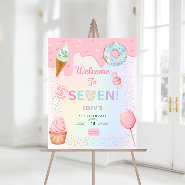 Editable Candy SWEET SASSY and SEVEN girl Birthday Party Simple Welcome Sign cotton candy sweets donut Party Decor Sign Template 1143