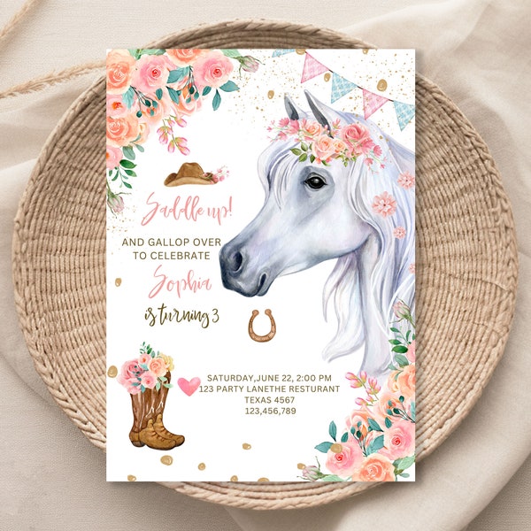 Editable Horse Birthday Invitation Girl Saddle Up Watercolor Cowgirl Party Horse Invite Pink Floral Download Printable Template 058