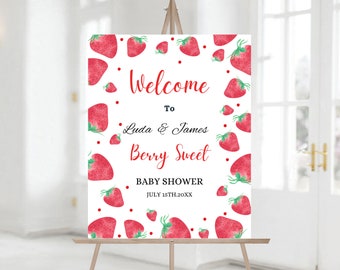 Editable Strawberry Baby Shower Welcome Sign, Red Strawberry Baby Shower Electronic Welcome Sign, Printable Baby Shower Sign 1160