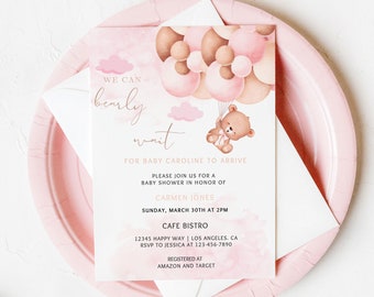 Pink Teddy bear baby shower invitation template, we can bearly wait girl baby shower invite, bear with balloons baby shower download 051