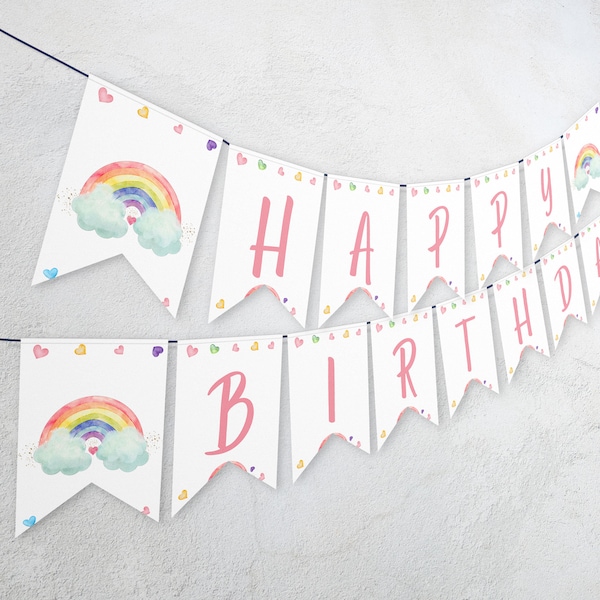 Editable Rainbow Happy Birthday Banner, Girls Rainbow Party Rainbow Birthday Invite Pink Gold Rainbow Party banner Decoration 1154