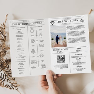 Editable Newspaper Wedding Program Template, Editable Wedding Infographic, Unique Wedding Program, Printable Wedding Timeline, Word Search zdjęcie 2