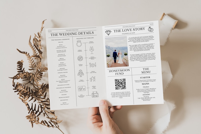 Editable Newspaper Wedding Program Template, Editable Wedding Infographic, Unique Wedding Program, Printable Wedding Timeline, Word Search zdjęcie 2