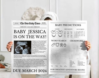 Newspaper pregnancy announcement template, New Baby News, Baby shower games editable Newspaper template