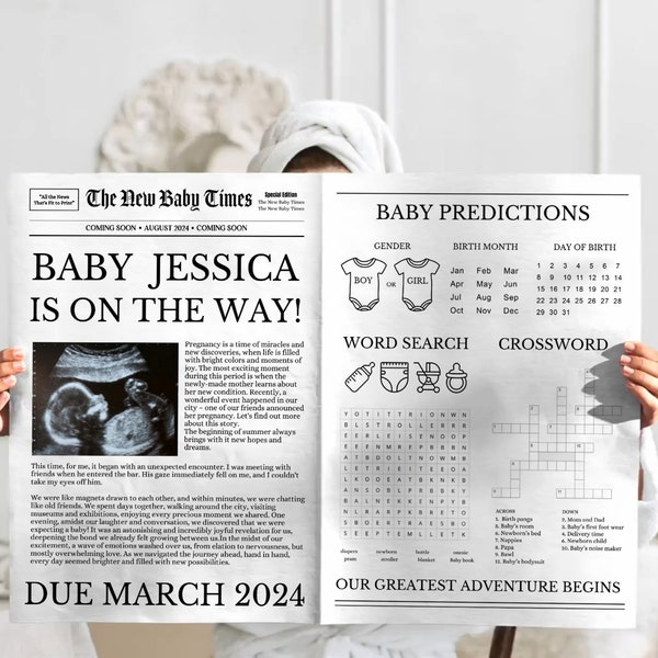 Newspaper pregnancy announcement template, New Baby News, Baby shower games editable Newspaper template