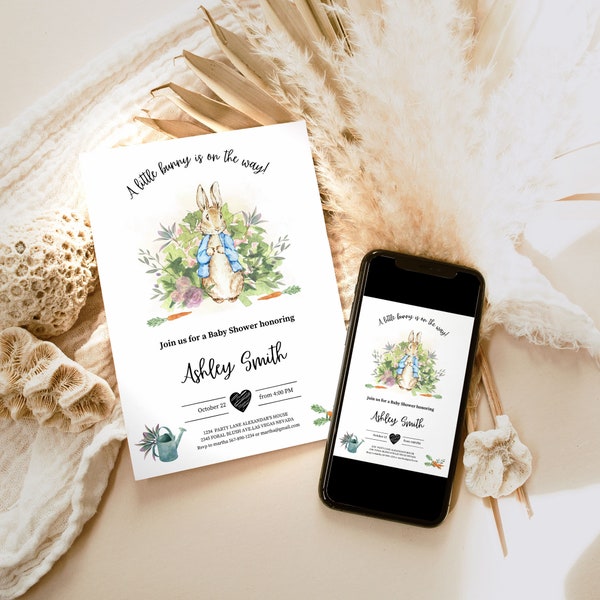 Modifiable Peter Rabbit Baby Shower Invitation Boy Blue Rustic Peter Rabbit Invitation Spring Sprinkle Electronic Phone Template Digital 1128