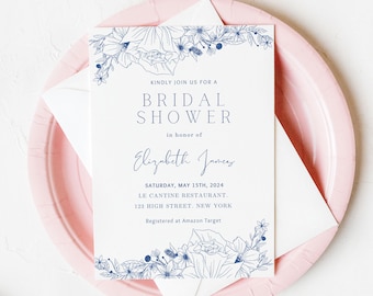 Vintage Floral Bridal Shower Invitation Template, Dusty Blue Bridal Invitation, Printable Invitation, Something Blue Bridal Invitation 1147