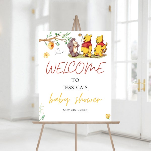 Editable Winnie the Pooh Baby Shower Welcome Sign, Vintage Winnie Bear Welcome Sign, Printable Baby Shower 1229