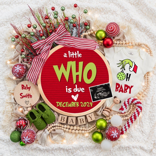 Christmas Pregnancy Announcement Digital, Funny Surprise Baby Announcement, Christmas Grinch Theme, Editable Template, A little Who is Due