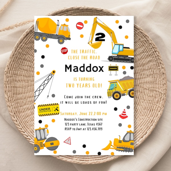 Editable Construction Birthday Invitation Yellow Dump Truck Invite Digger Party Boy Instant Download Printable Template Digital 1132