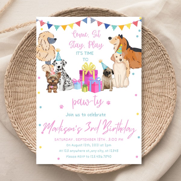 Invitación de cumpleaños de cachorro editable Let's Paw-ty Girl Puppy Birthday Invite Puppy Dog Birthday Pink Gold Balloons Descarga digital 081