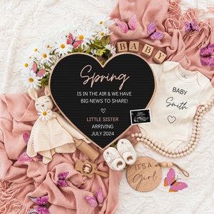 Spring Girl Pregnancy Announcement Digital Baby Announcement Girl Gender Reveal Social Media Reveal Template Its a Girl Little Sister