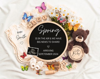 Spring is in The Air, Digital Pregnancy Announcement, Baby Announcement, Floral Gender Neutral Template, Social Media Reveal, April Reveal