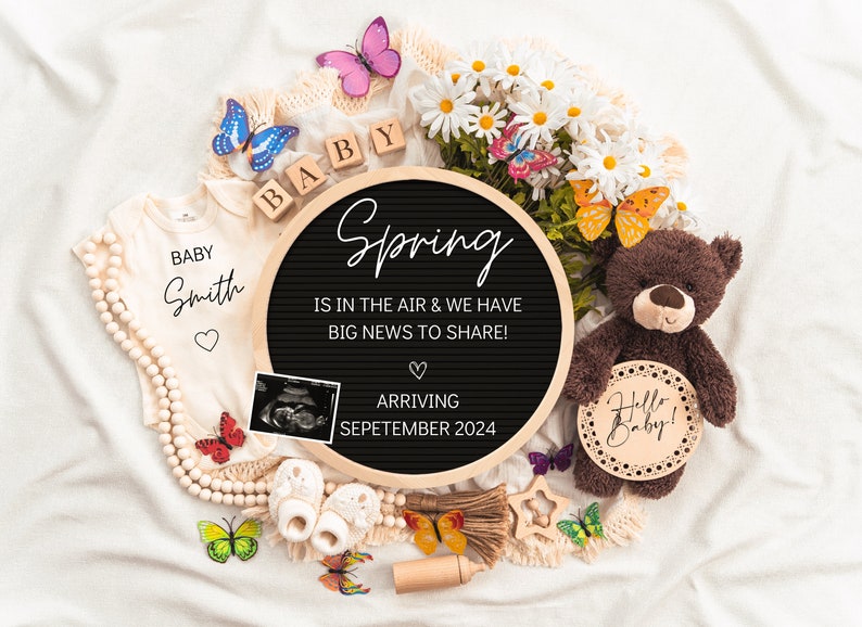 Spring is in The Air, Digital Pregnancy Announcement, Baby Announcement, Floral Gender Neutral Template, Social Media Reveal, April Reveal image 1