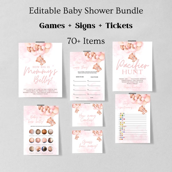 Teddy Bear Baby Shower Games, Girl Baby Shower Games Bundle, Pink Balloon Shower Games, Printable Baby Shower Games, Virtual Baby shower 051