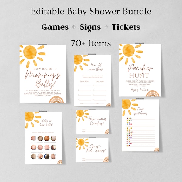 Editable Sun Baby Shower Games Bundle, Here comes the sun baby shower games template, Boho Sunshine Baby Shower Games 1208