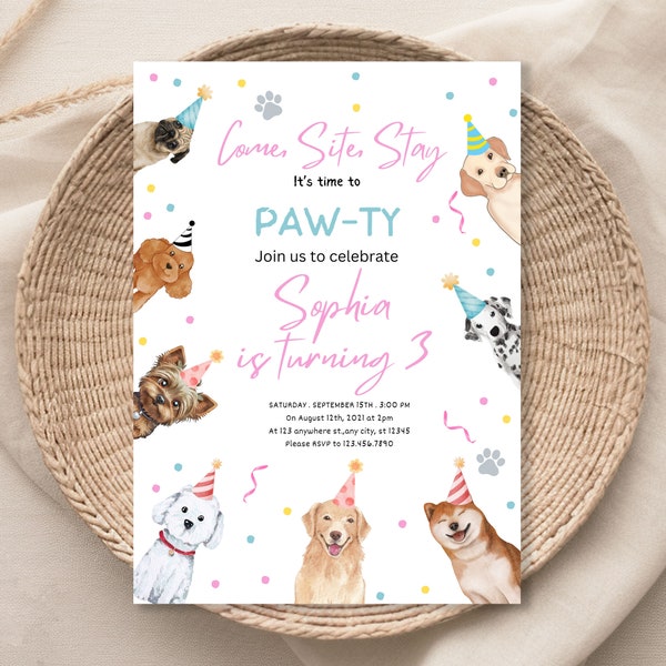 Editable Dog Birthday Party Invitation Puppy Birthday Invite Pink Girl Doggy Shelter Animal Pet Vet Download Printable Template 093