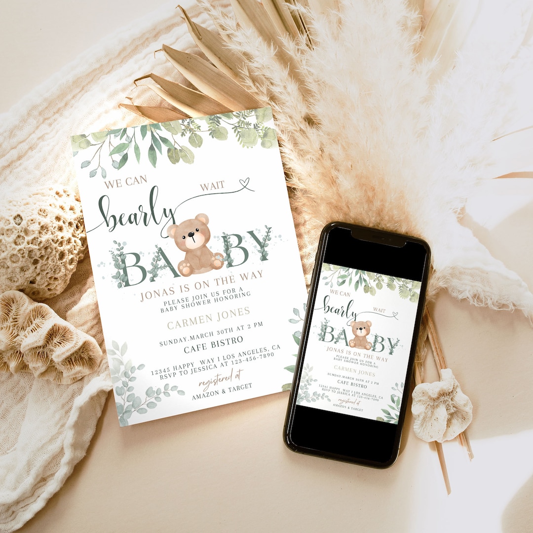Greenery Gold We Can Bearly Wait Baby Shower Invitation, Teddy Bear ...
