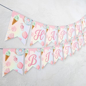 Editable cotton candy sweets donut ice cream cupcake Birthday Party Happy Birthday Banner Girl Pink Party banner Decoration 1143