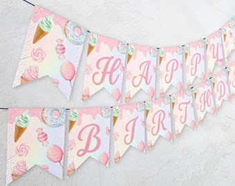 Barbe à papa modifiable, bonbons, beignet, crème glacée, cupcake, fête d'anniversaire, joyeux anniversaire, bannière, fille rose, bannière de fête, décoration 1143