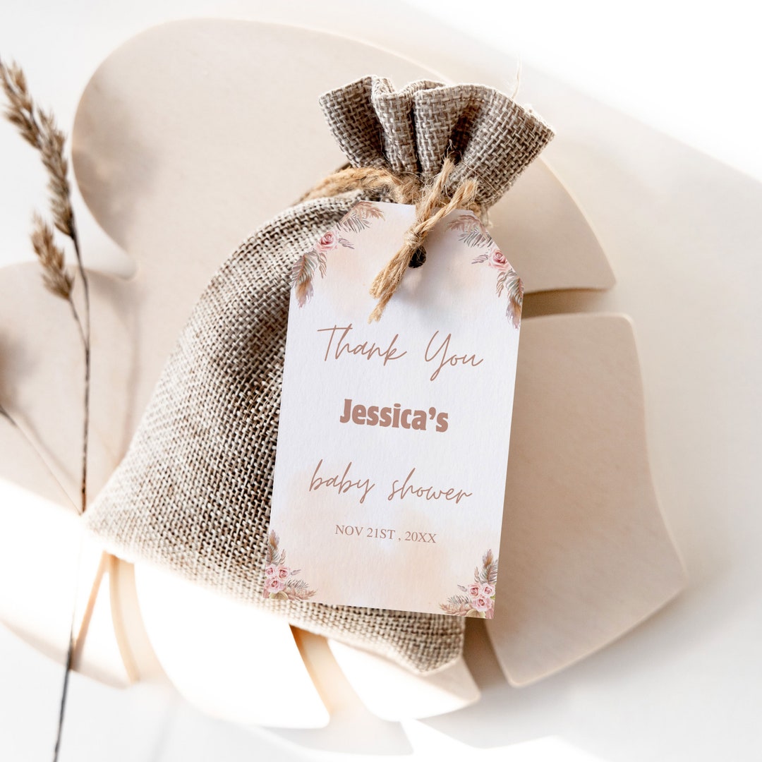 Editable Pink Pampas Grass Boho Baby Shower Favor Tags, Girl Boho ...