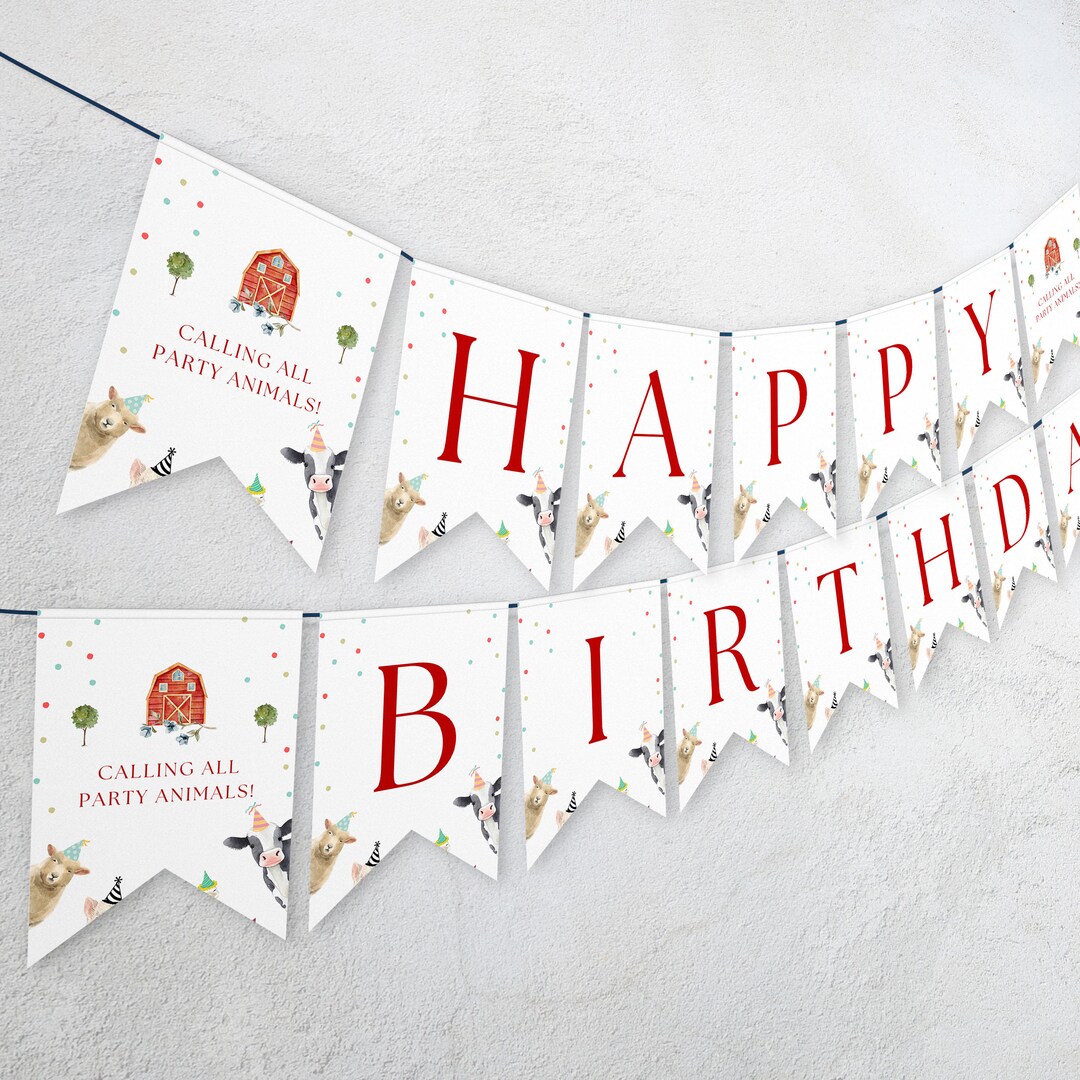 Editable Farm Animals Birthday Banner Boy Farm Barnyard First Birthday ...
