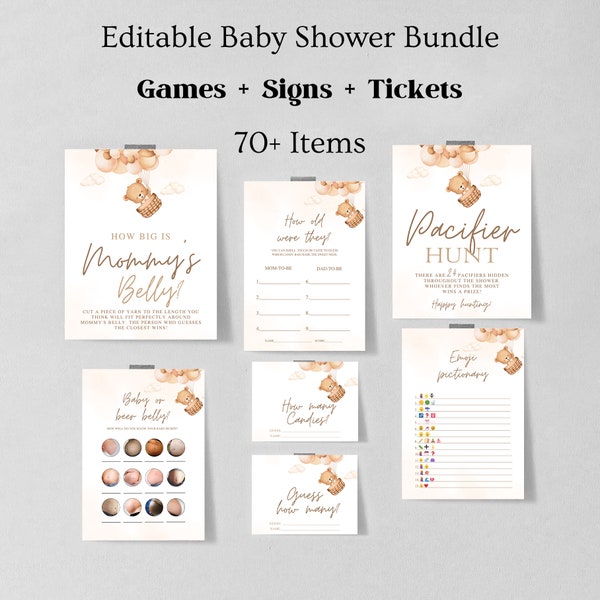 Teddy Bear Baby Shower Games, Boy Baby Shower Game Bundle,Bear Themed Bingo Emoji The price is right Instant Download, brown balloons 1209