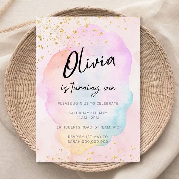 Rainbow Birthday Invitation Colorful Watercolor Gold Glitter Sprinkles Ombre Pastel Invitation 1st 2nd 3rd Printable Editable Invite 1113