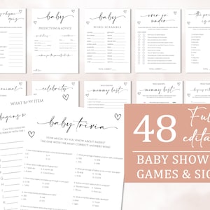 Lot de jeux de baby shower minimalistes, jeux de baby shower minimalistes, pack de jeux de baby shower modernes, anecdotes sur la baby shower, téléchargement entièrement modifiable