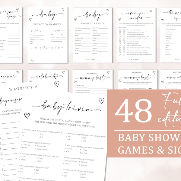 Lot de jeux de baby shower minimalistes, jeux de baby shower minimalistes, pack de jeux de baby shower modernes, anecdotes sur la baby shower, téléchargement entièrement modifiable