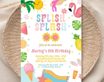 Editable Splish Splash Birthday Invitation Pool Party Girl Summer Waterslide Water Party Pink Download Printable Invite Template 1114