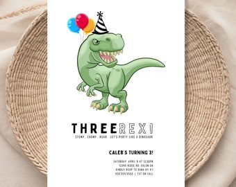 Three Rex Dinosaur Birthday Invitation Modern Tyrannosaurus Dinosaur Invitation Editable Digital Invitation Template INSTANT DOWNLOAD 071