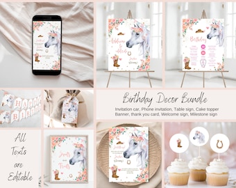 Editable Bundle of Horse Birthday Invitation Saddle Up Watercolor Cowgirl Party Horse Invite Pink Floral Download Printable Template 058