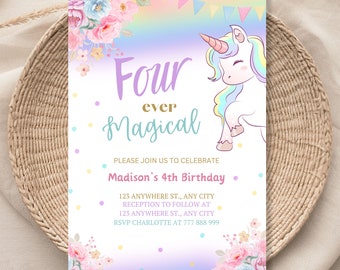 Unicorn 4th Birthday Invitation Editable, Four Ever Magical Birthday Invite, Pastel Unicorn Girl 4th Birthday Digital Download 1122