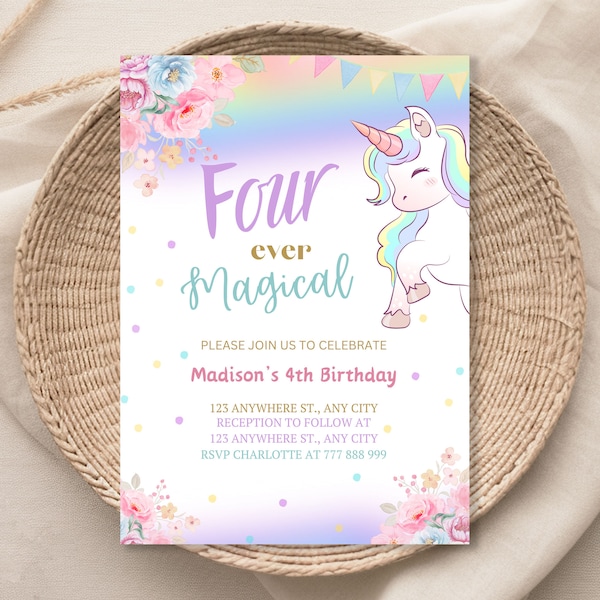 Unicorn 4th Birthday Invitation Editable, Four Ever Magical Birthday Invite, Pastel Unicorn Girl 4th Birthday Digital Download 1122