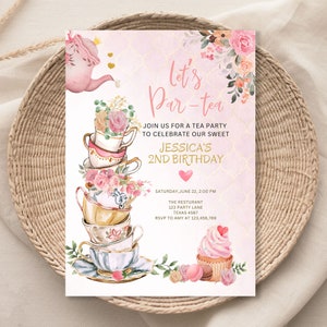 Editable Tea Party Birthday Invitation Girl Par-Tea Invite Floral Pink Gold Whimsical Tea Download Printable Template 056