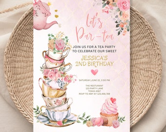 Editable Tea Party Birthday Invitation Girl Par-Tea Invite Floral Pink Gold Whimsical Tea Download Printable Template 056