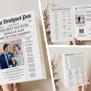 Editable Newspaper Wedding Program Template, Editable Wedding Infographic, Unique Wedding Program, Printable Wedding Timeline, Word Search zdjęcie 1