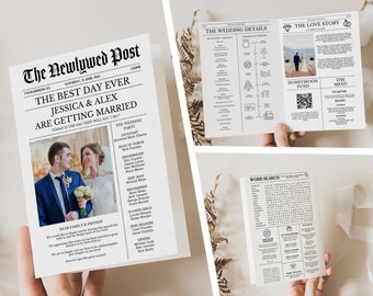 Bewerkbare krant bruiloft programmasjabloon, bewerkbare bruiloft infographic, uniek bruiloftsprogramma, afdrukbare bruiloft tijdlijn, woordzoeker