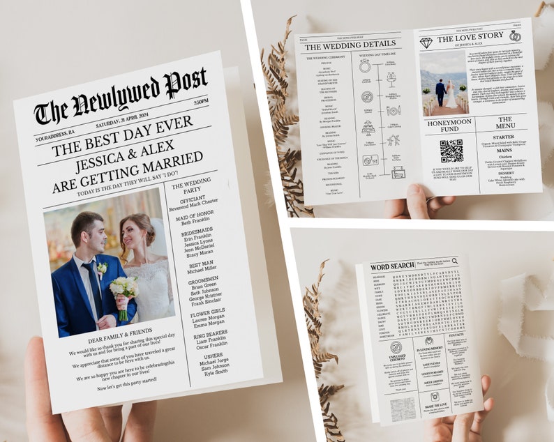 Editable Newspaper Wedding Program Template, Editable Wedding Infographic, Unique Wedding Program, Printable Wedding Timeline, Word Search zdjęcie 1