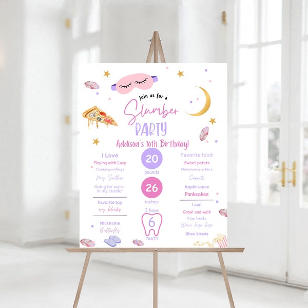 Editable Slumber Party Birthday Party Milestones Sign, Sleepover Birthday Invite Girl Pizza PJ Teen party Sign Decor 1165