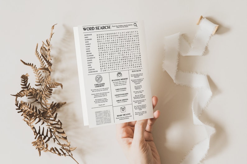 Modèle de programme de mariage modifiable dans le journal, infographie de mariage modifiable, programme de mariage unique, chronologie de mariage imprimable, recherche de mots image 3