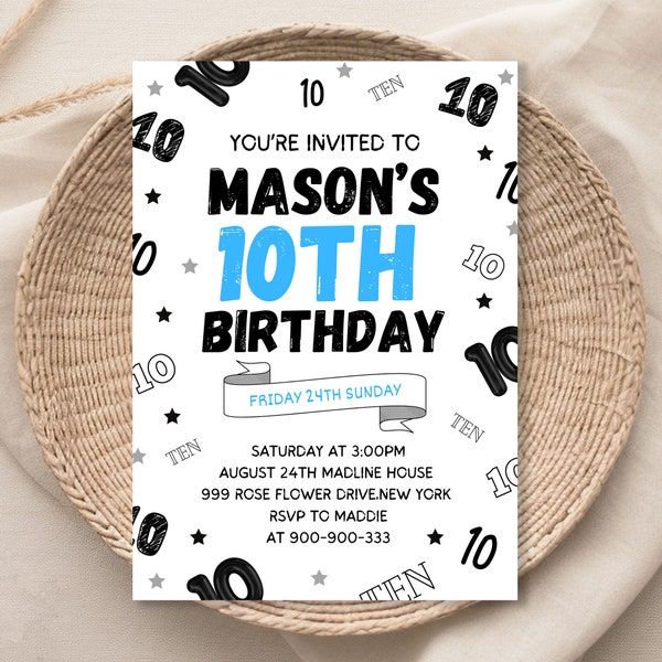 Boy 10th Birthday Invitation, Boy Birthday Invites, 10th Birthday, Instant Download Boy Number Invitations 1167