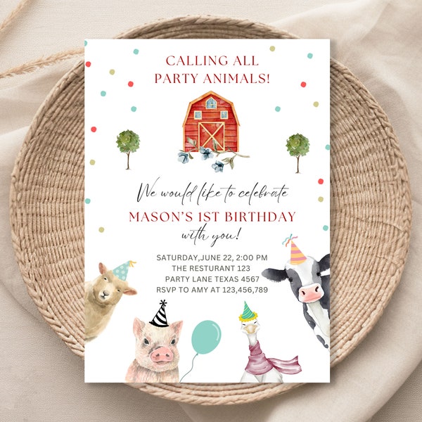 Editable Farm Animals Birthday Invitation Boy Farm Barnyard First Birthday Party Animals Confetti Download Template Printable 070