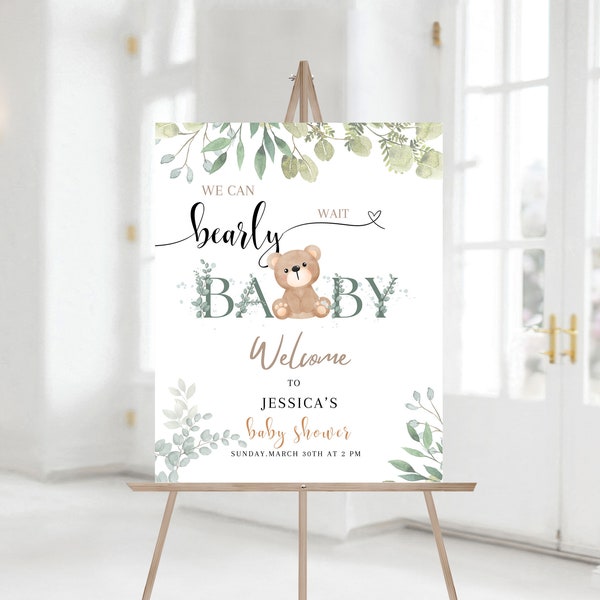 Greenery Gold We Can Bearly Wait Baby Shower Welcome Sign, Teddy bear baby shower Sign template, Gender neutral baby shower invitation 052