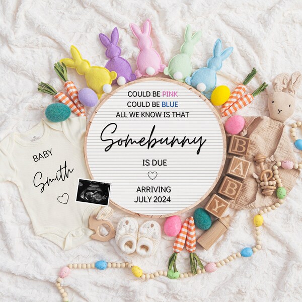 Easter Pregnancy Announcement Digital, Spring Baby Announcement, Boho Editable Template, Gender Neutral, Could be PInk or Blue