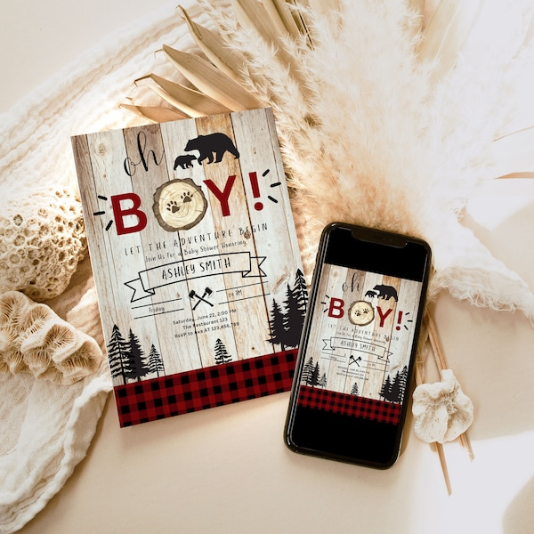 Editable Lumberjack Baby Shower Invitation Baby Boy Buffalo Plaid Rustic Bear Cub Electronic Invitation Phone Template Digital 1138