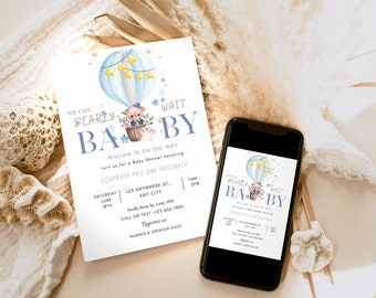 Editable Teddy Bear Hot Air Balloon Bear Theme Baby Shower Invitation We Can Bearly Wait Invites Template Instant Download 1173