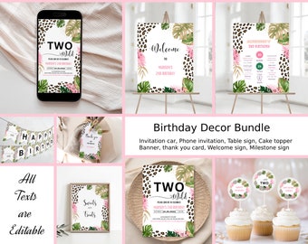 Bundle Editable Two Wild Leopard Print Jungle Birthday Party Invitation Leopard Print Invite Born Two Wild Template Digital Instant 1111