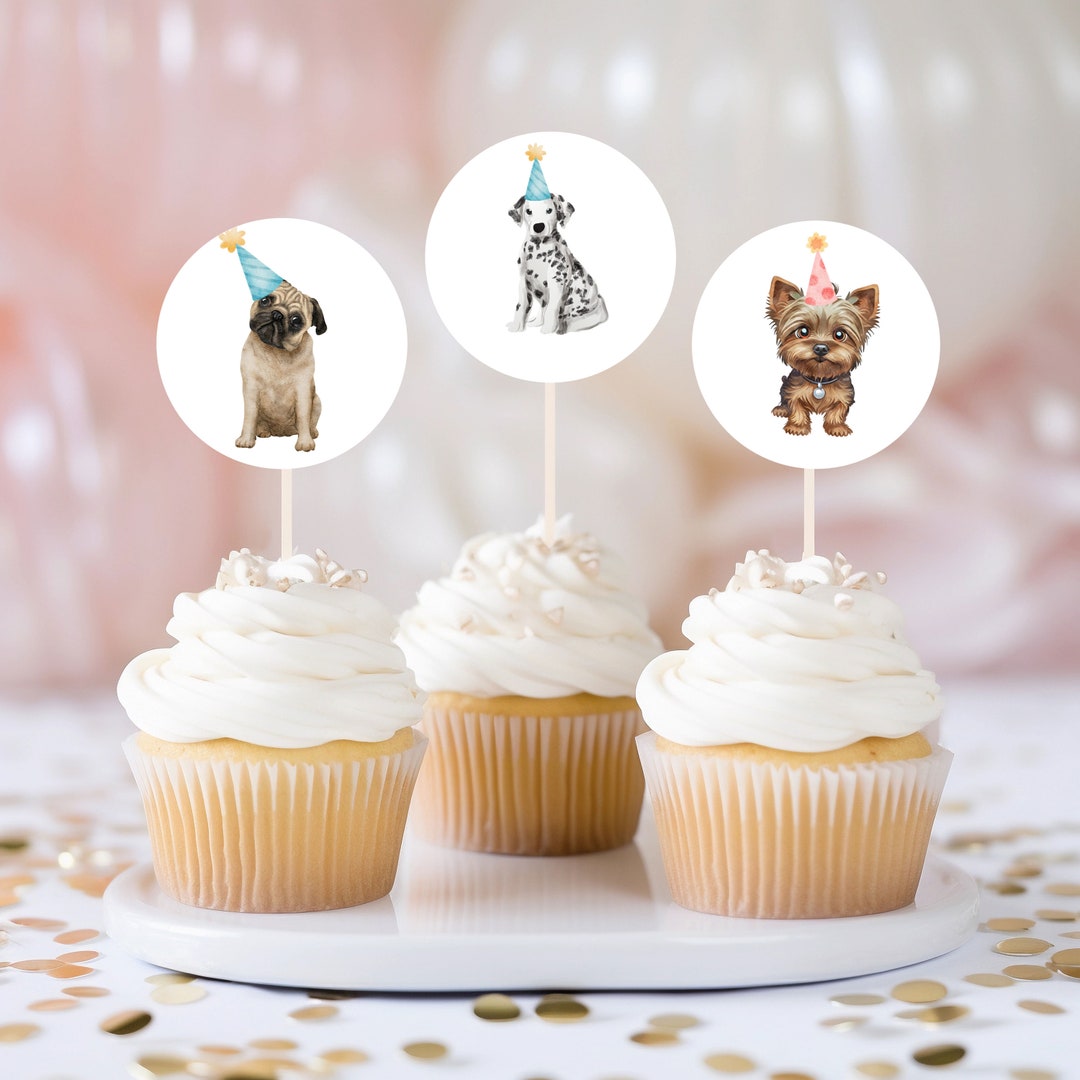 Editable Puppy Birthday Cupcake Topper Let's Paw-ty Girl Puppy Birthday Cake Topper Puppy Dog ...